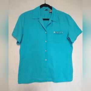 100% Linen Turquoise Short Sleeve Button-Up Embellished Shirt XL